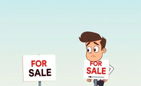 A cartoon-style image of a puzzled real estate agent looking at an unsold property