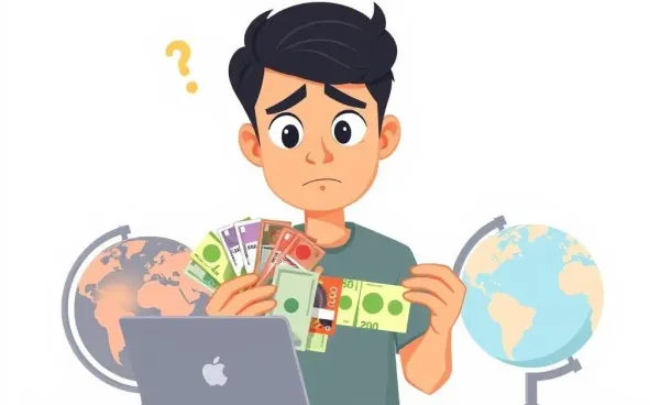 A person puzzled by international bills sitting at a desk with a globe.