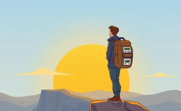 Person standing at cliff edge looking at a sunrise with a backpack full of financial documents