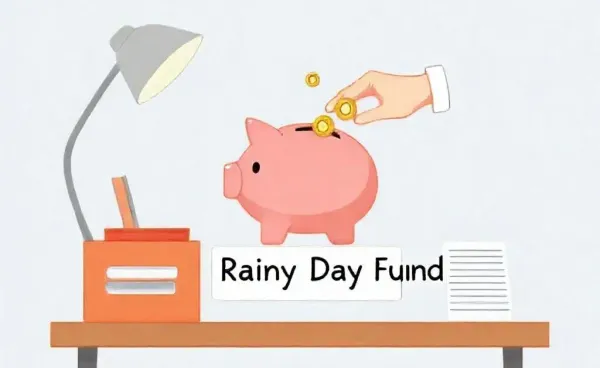 Cartoon of a person saving coins into a 'Rainy Day Fund' piggy bank