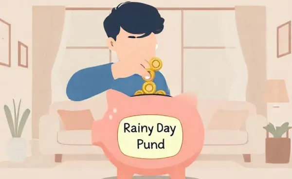 Person saving coins in a piggy bank labeled 'Rainy Day Fund'.