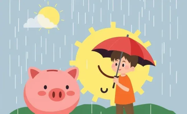 A person holding an umbrella next to a piggy bank, symbolizing a rainy day fund.