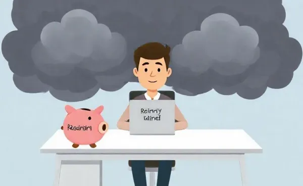 A cartoon person with a piggy bank labeled 'Rainy Day Fund' with storm clouds.