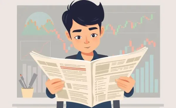 Person reading a financial newspaper with stock charts in the background