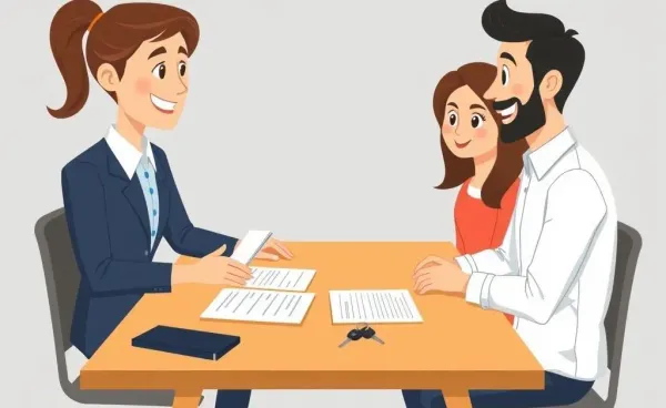 A cartoon-style real estate agent advising a couple.