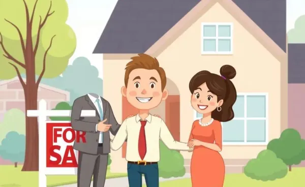 Cartoon-style image of real estate agent showing a couple a home.