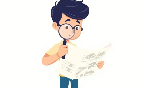 Illustration of a person examining a house blueprint.