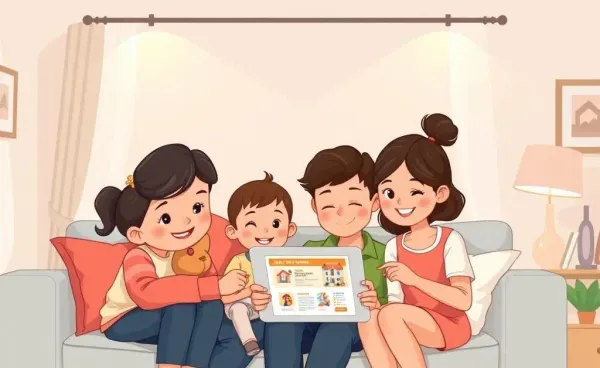 A family browsing real estate listings on a tablet happily.