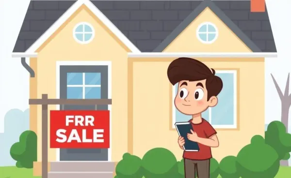 A thoughtful person standing outside a house with a 'For Sale' sign