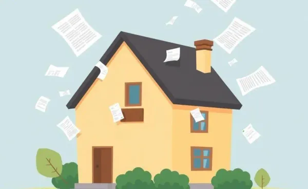 A cartoon house with flying documents depicting real estate chaos