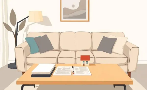 Cozy living room with contract papers and a model house