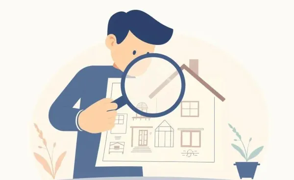 Person examining a house illustration with a magnifying glass.