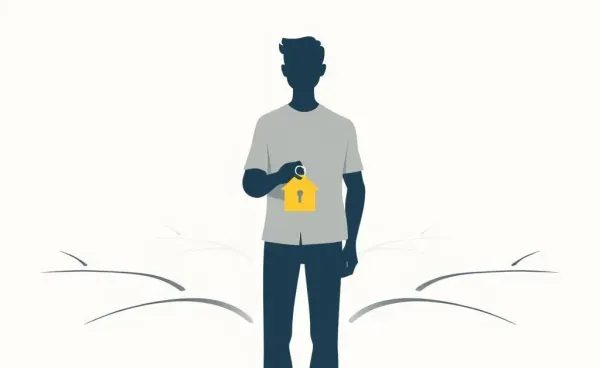 A person holding a house key standing at a crossroads, symbolizing decisions in real estate
