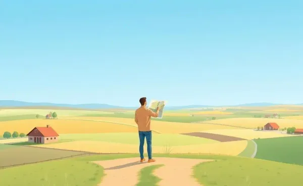 A person standing at a crossroads with a map and homes in the background