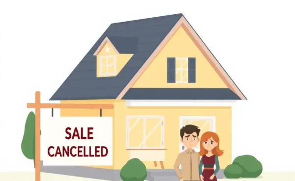 A couple looking at a house with a 'Sale Cancelled' sign