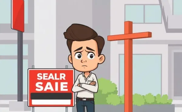 Person making a thoughtful decision near a real estate sign