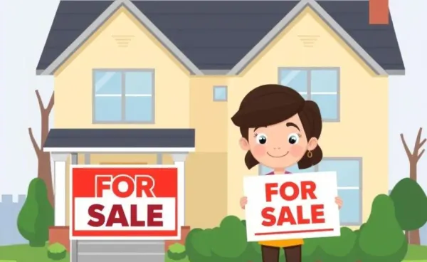 Illustration of a person deciding to sell property with a 'For Sale' sign