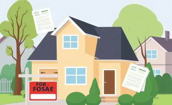 Hand-drawn illustration of a house with 'For Sale' sign and floating HOA documents
