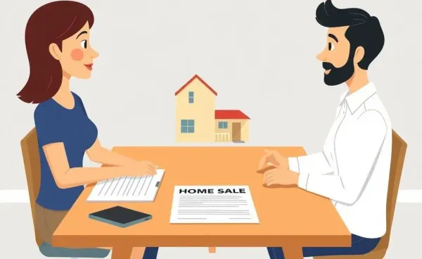 People discussing home sale with insurance papers on a table