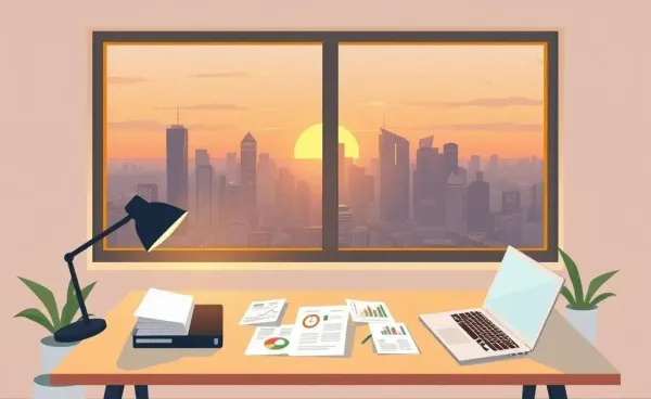 A comfortable home office set against a city skyline, featuring investment documents.
