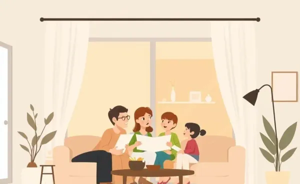 Family discussing real estate plans in a cozy home