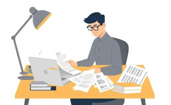A person at a desk with real estate documents and a laptop.