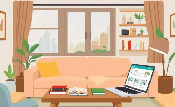 A cartoon-style image of a cozy living room setup for real estate investment research