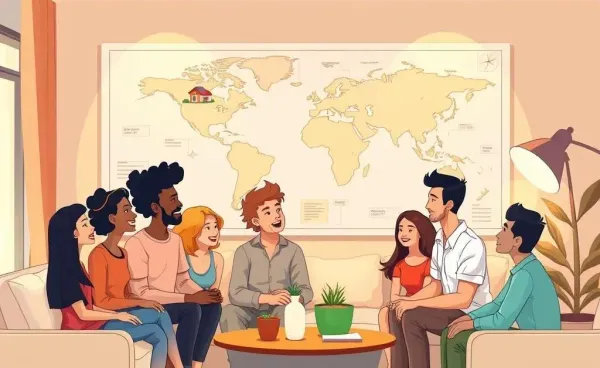 A group of people discussing real estate investments in a cozy living room setting.