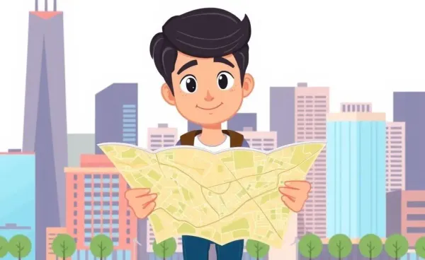 Person with a map navigating through a real estate cityscape