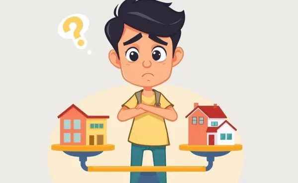 Person weighing real estate options on a balance scale