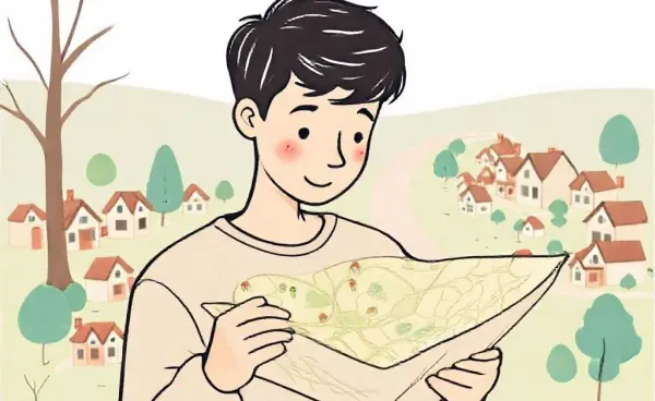 Illustration of a person with a roadmap surrounded by sketches of buildings and houses.