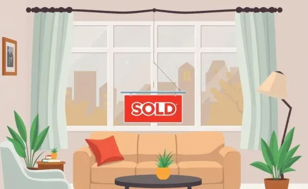 A cartoon-style living room with a 'sold' sign seen through the window