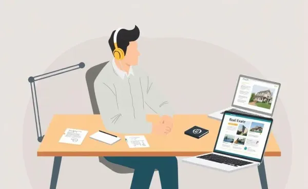 A person engaging with a real estate podcast at a desk