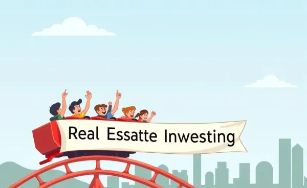 A roller coaster scene with a banner that says 'Real Estate Investing' and people experiencing mixed emotions