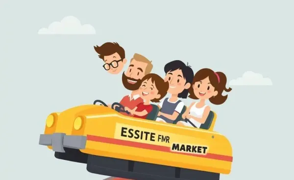 A family riding a roller coaster labeled as the Real Estate Market.