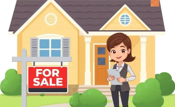 Realtor standing with a for-sale sign in front of a cozy home