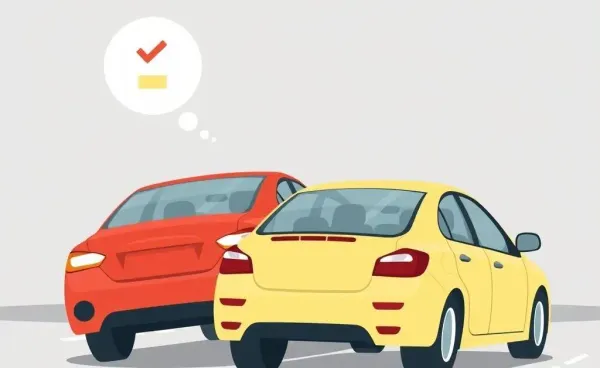 Cartoon of two cars involved in a rear-end collision with a checklist thought bubble