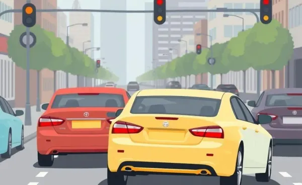 Cartoon of cars involved in a rear-end collision on a city street