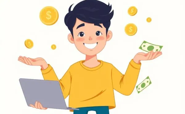 A cartoon young adult managing finances.