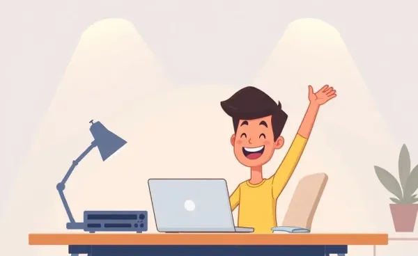 A person smiling at a laptop showing a job offer.