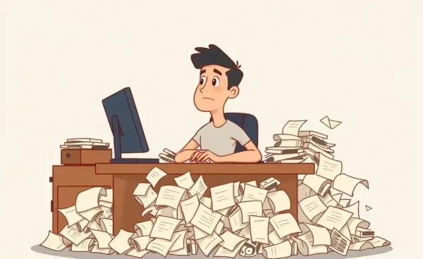 A person at a desk surrounded by crumpled papers, looking thoughtful