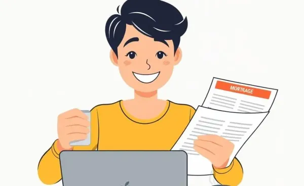 Illustration of person reviewing mortgage documents with a laptop and coffee