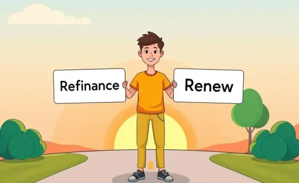 A person deciding between refinancing or renewing mortgages at a fork in the road