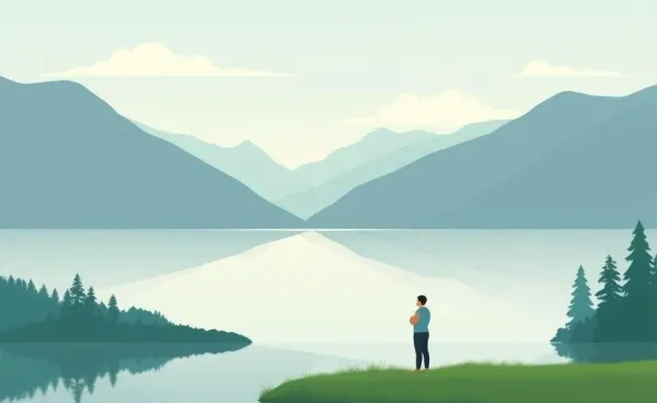 Person peacefully reflecting by a lake
