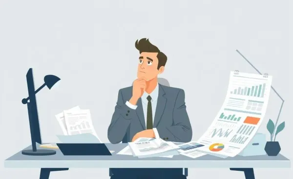 An investor sitting at a desk, contemplating financial papers