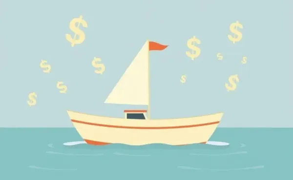 Illustration of a calm sea with a boat and currency symbols representing investment