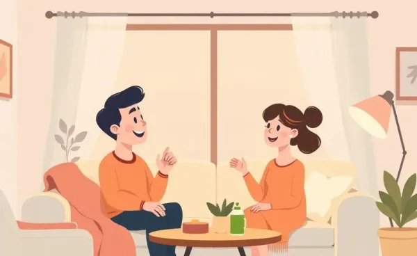 A couple having a heartfelt conversation in a cozy living room