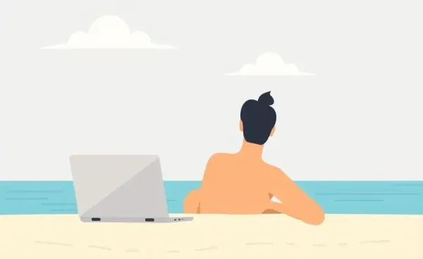 A person relaxing on a beach with a closed laptop nearby, representing work-life balance