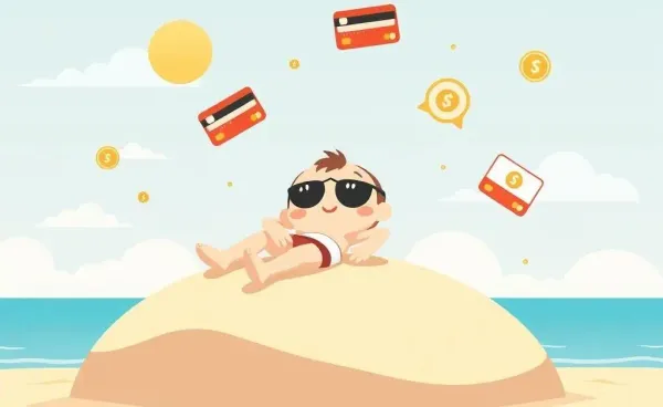 Person relaxing on a beach with credit card rewards icons