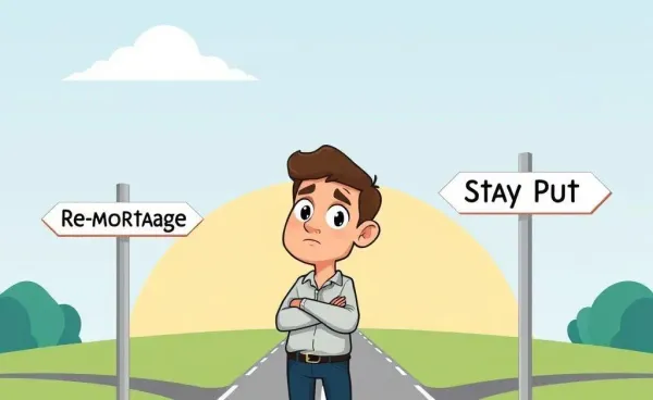 Person at a crossroads deciding between remortgaging or staying with current mortgage.